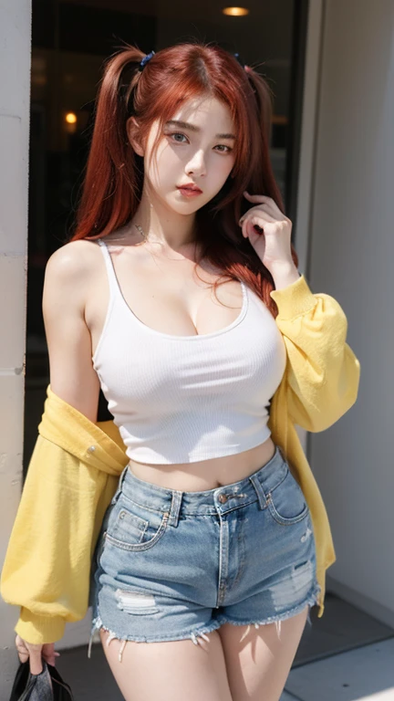 21yo girl, red hair, (twintail Hair). Bitting her lower lip while closing her eye,Wearing yellow oversize t-shirt,, show shoulders, cleavage, show big thigh, natural big brseast,hands holding breasts,plumpy body, standing whit man handsome, grab the breast