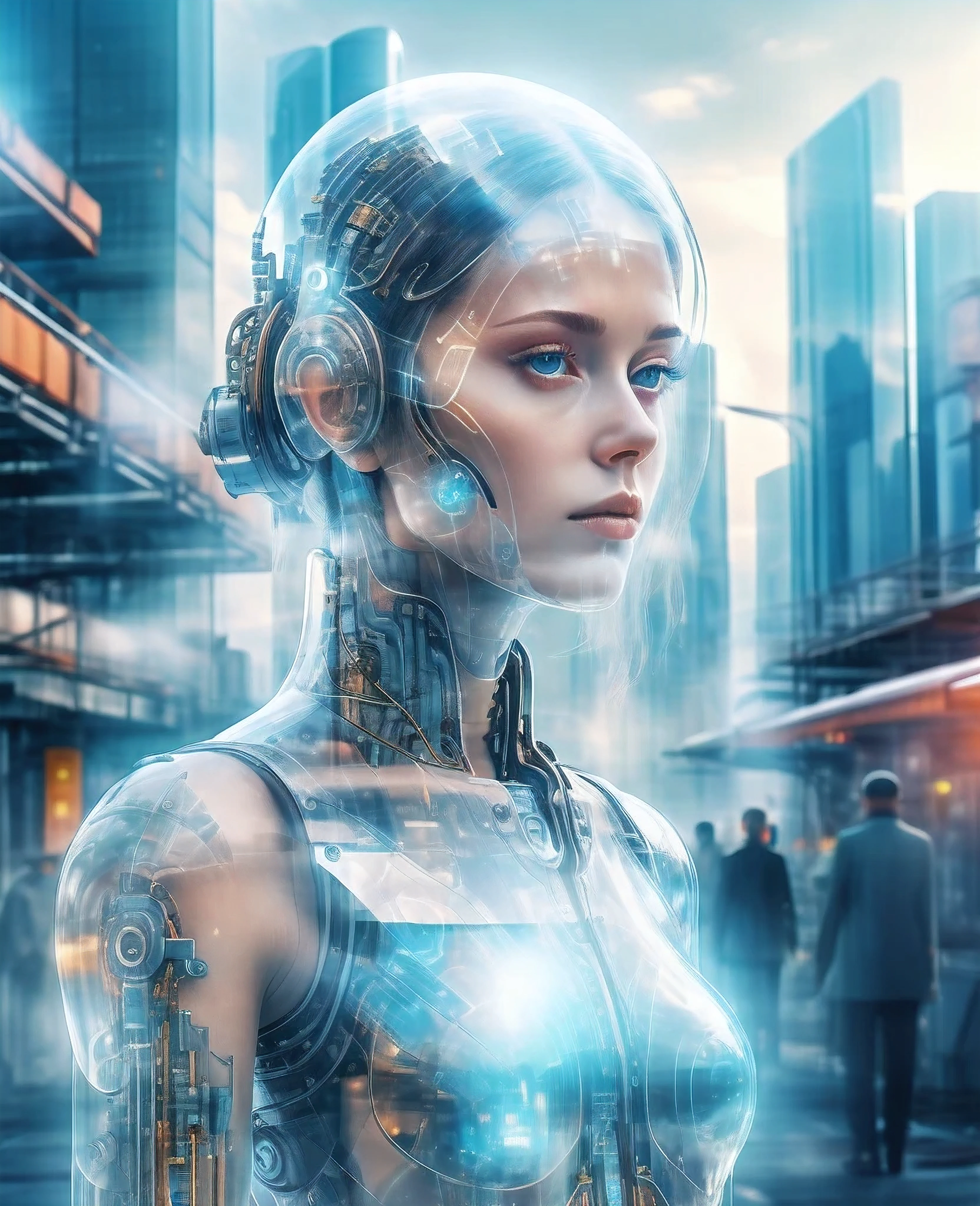 Mechanical Girl,Future city background,(Double contact:1.8),Intricate illustration in surreal art style,surreal dreamscape,Become a virtual hologram,Transparent people