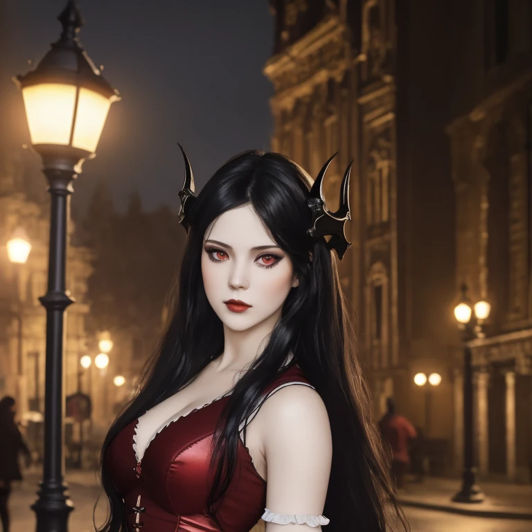 masterpiece, gothic aesthetic, dream atmosphere, ultra realistic, 16k, best quality, absurdres, perfect anatomy, 1girl, goth brunette, voluminous silky hair, goth makeup, bright red eyes (intense look), pale-white skin (highlighted), realistic shading, solo, Caera, red eyes, t-shirt, black mini skirt, tights (realistic textures), pretty seductive, upper body, beautiful girl, happy, lamp, outdoors, street, lamppost, blurred background, cinematic, Photorealistic.