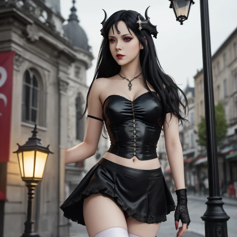 masterpiece, gothic aesthetic, dream atmosphere, ultra realistic, 16k, best quality, absurdres, perfect anatomy, 1girl, goth brunette, voluminous silky hair, goth makeup, bright red eyes (intense look), pale-white skin (highlighted), realistic shading, solo, Caera, red eyes, t-shirt, black mini skirt, tights (realistic textures), pretty seductive, upper body, beautiful girl, happy, lamp, outdoors, street, lamppost, blurred background, cinematic, Photorealistic.