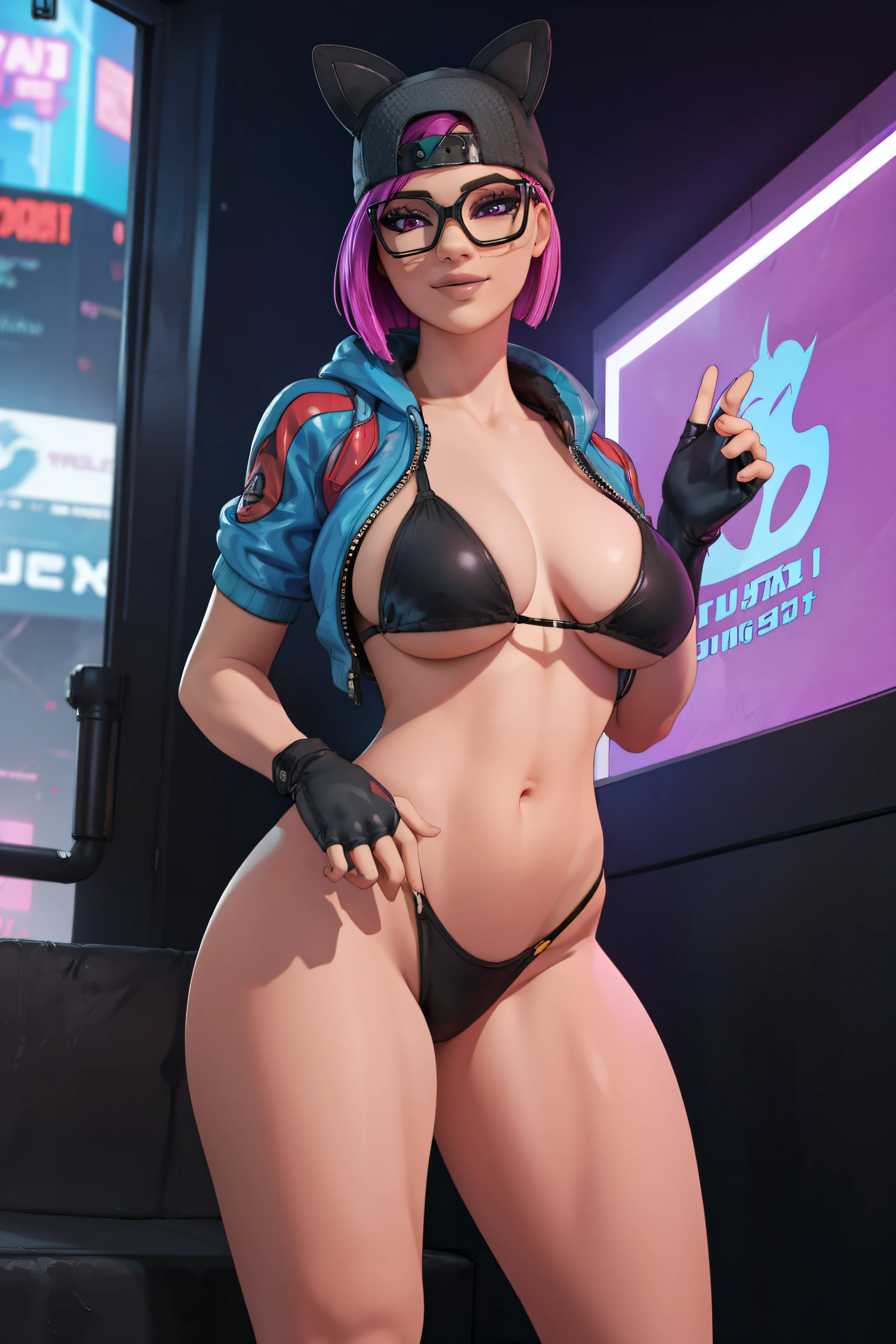 (masterpiece), (best quality), standing, (solo), looking at viewer, cyberpunk, high detailed,extremely detailed, fine eyes, smile,dynamic pose, short pink hair,cap,loose black v neck t shirt, jacket black,fingerless glove,glasses, pink bikini shots latex 