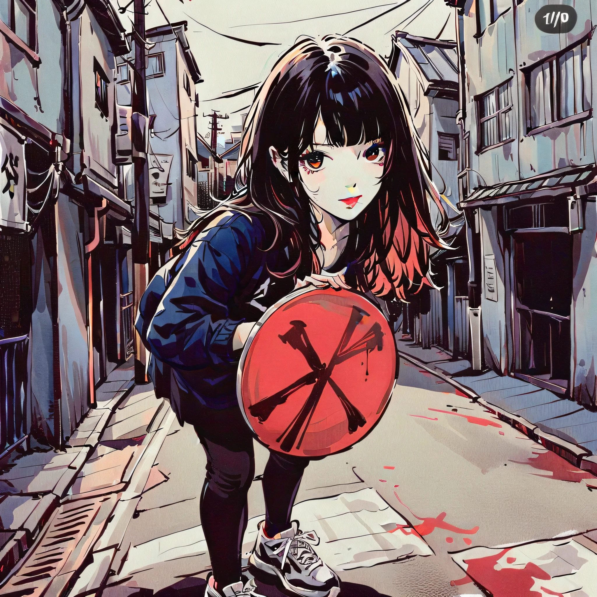 a girl with scythe, holding a scythe and sharpening scythe pose, bloody , madness look starring at camera , bird's eye view angle, gothic, cross symbol, standing on the middle of the street kyoto city, (super detailed),