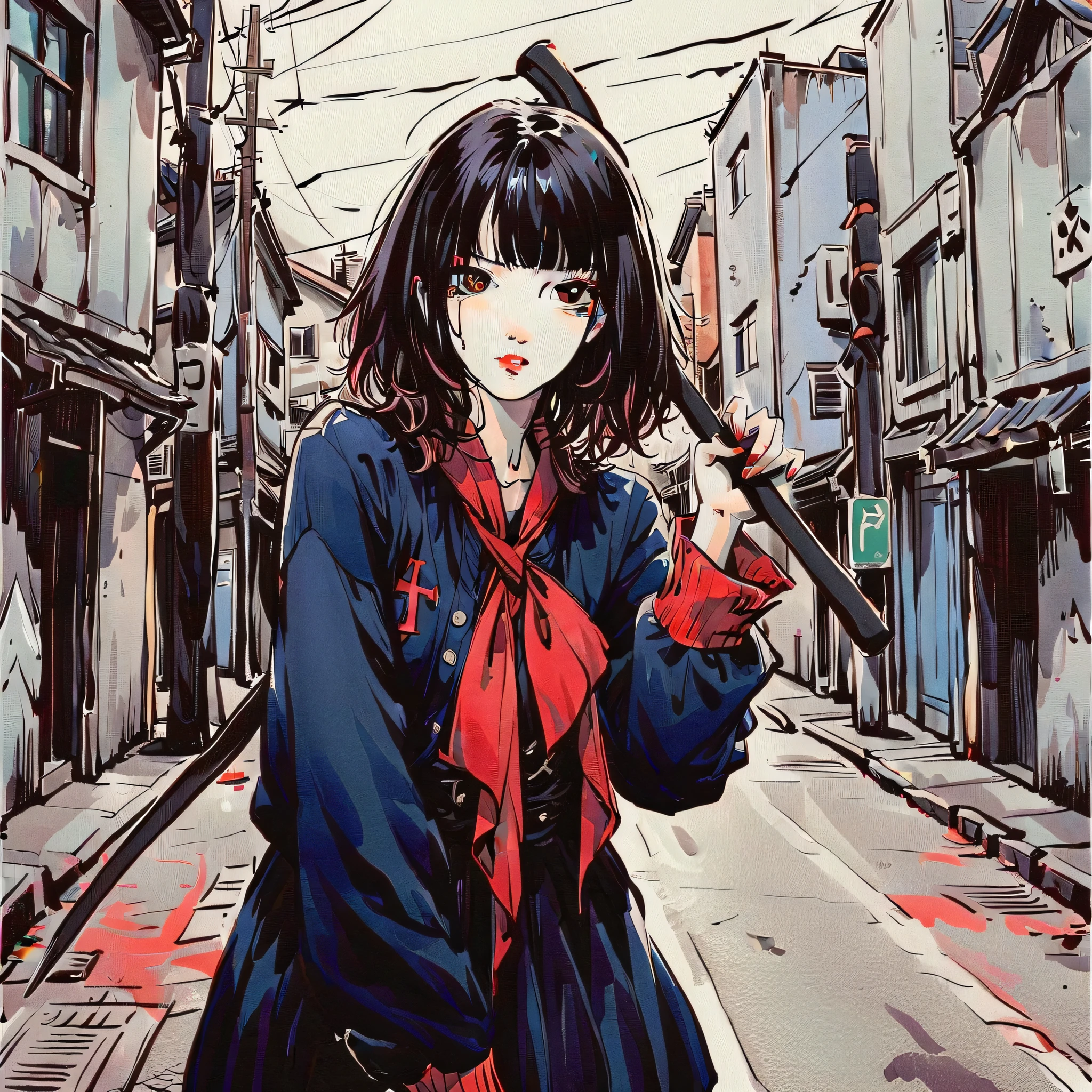 a girl with scythe, holding a scythe and sharpening scythe pose, bloody , madness look starring at camera , bird's eye view angle, gothic, cross symbol, standing on the middle of the street kyoto city, (super detailed),