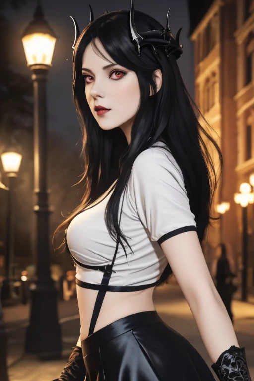 masterpiece, gothic aesthetic, dream atmosphere, ultra realistic, 16k, best quality, absurdres, perfect anatomy, 1girl, goth brunette, voluminous silky hair, goth makeup, bright red eyes (intense look), pale-white skin (highlighted), realistic shading, solo, Caera, red eyes, t-shirt, black mini skirt, tights (realistic textures), pretty seductive, upper body, beautiful girl, happy, lamp, outdoors, street, lamppost, blurred background, cinematic, Photorealistic.