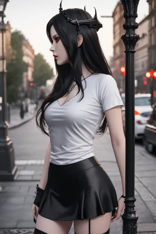 masterpiece, gothic aesthetic, dream atmosphere, ultra realistic, 16k, best quality, absurdres, perfect anatomy, 1girl, goth brunette, voluminous silky hair, goth makeup, bright red eyes (intense look), pale-white skin (highlighted), realistic shading, solo, Caera, red eyes, t-shirt, black mini skirt, tights (realistic textures), pretty seductive, upper body, beautiful girl, happy, lamp, outdoors, street, lamppost, blurred background, cinematic, Photorealistic.