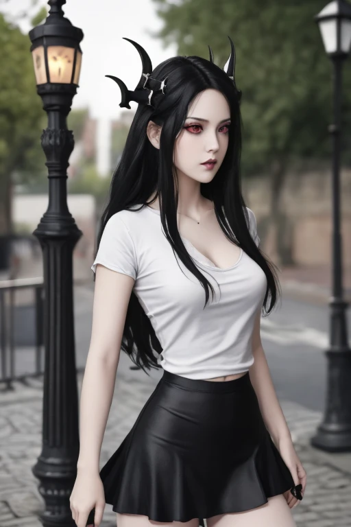 masterpiece, gothic aesthetic, dream atmosphere, ultra realistic, 16k, best quality, absurdres, perfect anatomy, 1girl, goth brunette, voluminous silky hair, goth makeup, bright red eyes (intense look), pale-white skin (highlighted), realistic shading, solo, Caera, red eyes, t-shirt, black mini skirt, tights (realistic textures), pretty seductive, upper body, beautiful girl, happy, lamp, outdoors, street, lamppost, blurred background, cinematic, Photorealistic.