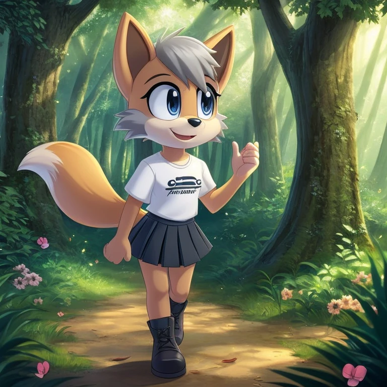 source_furry, furry fox girl, 1girl with (gray hair and gray skin and gray fur), wearing a black denim jacket and a white t-shirt, wearing a pleated black skirt, outside in a magical forest with butterflies