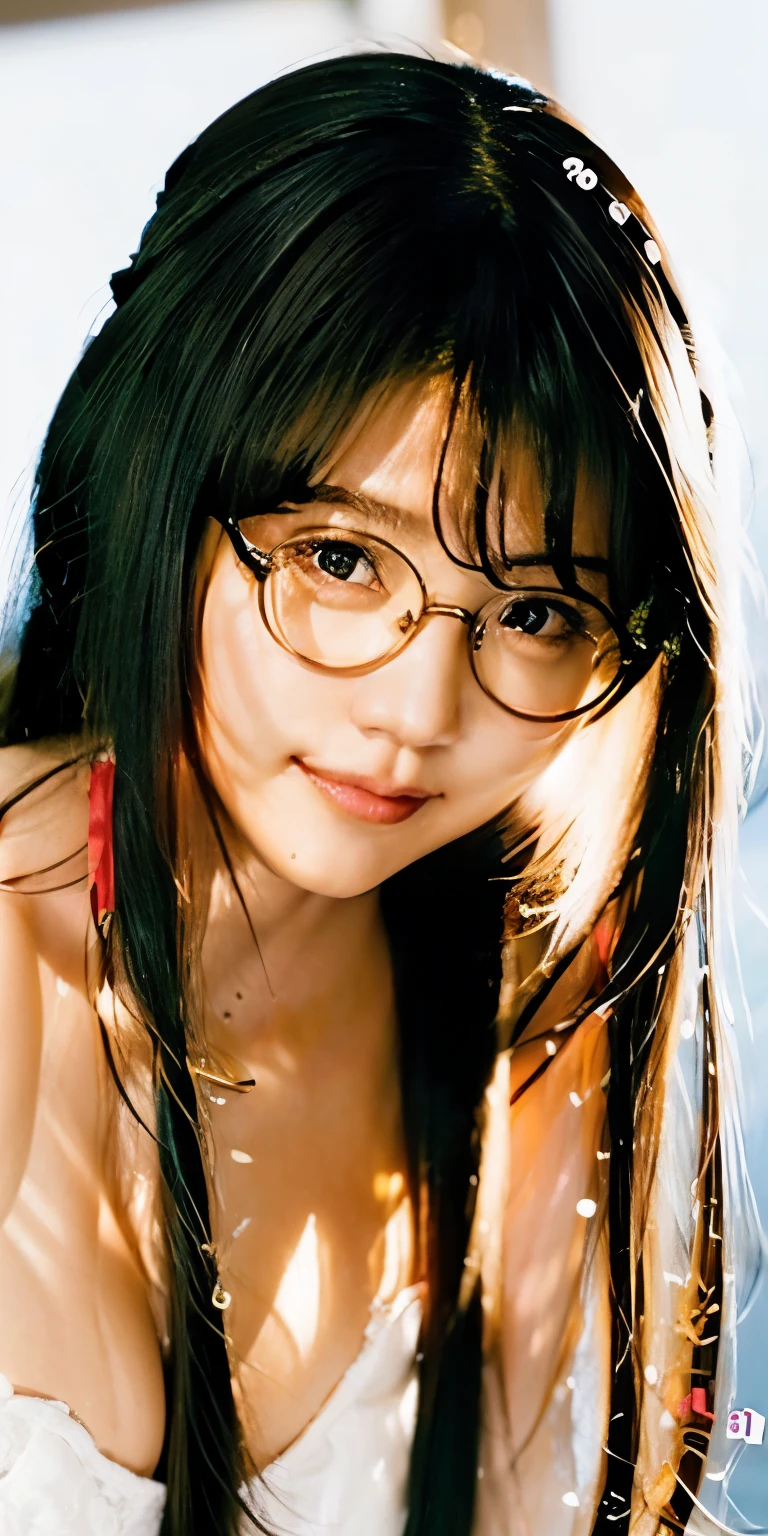 Best image quality、136), (Busty:1.46), (l tits ipst tits ,メタルフレームRound Glasses、thin frame glasses、Braided Pigtails、round glass glasses、Funny woman with twin tails、Round-faced beauty、Clear eyes、Long eyelashes、(Wear glasses,Round Glasses、Round Glasses、Braided Pigtails、tits、