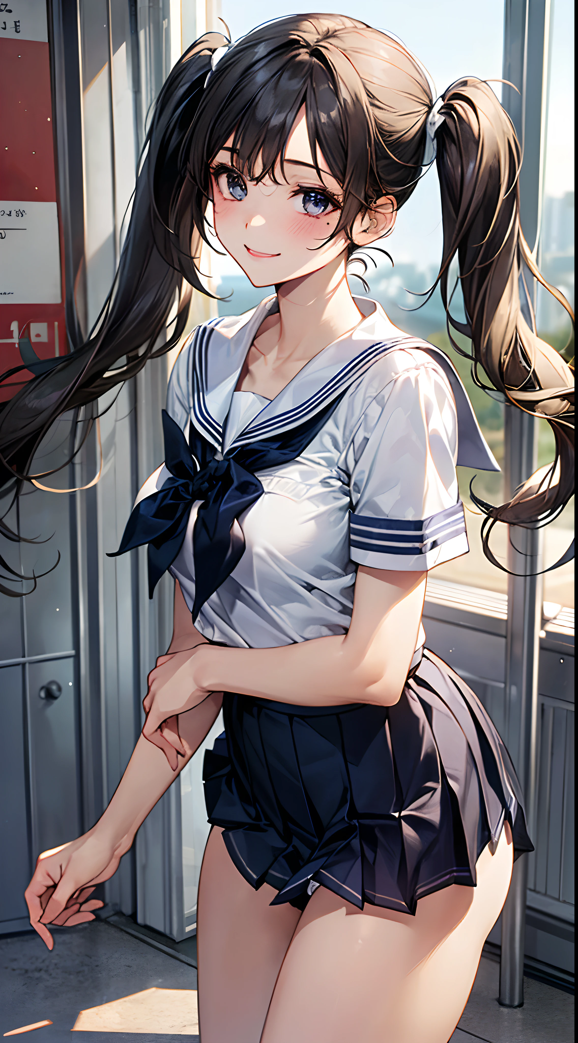 ((((, , perfect anatomy, super detailed skin)))), 1 girl, japanese, 14 years old, shiny skin, large breasts:0.5, watching the view, (smile:1.5), 
beautiful hair, beautiful face, beautiful detailed eyes,  (long hair:1.4, twintails:1.7), blond hair, beautiful clavicle, beautiful body, beautiful chest, beautiful thigh, beautiful legs, beautiful detailed fingers, five fingers, babyface, , breast, mole under eye, 
((navy , short sleeves, navy pleated skirt, sailor collar, extremely sexy, , white panties, thong, crotch, seductive thighs, camel toe)), 
(beautiful scenery), evening, , (park), standing, 
(8k, top-quality, masterpiece​:1.2, extremely detailed, , ), (photorealistic), beautiful illustration, cinematic lighting,