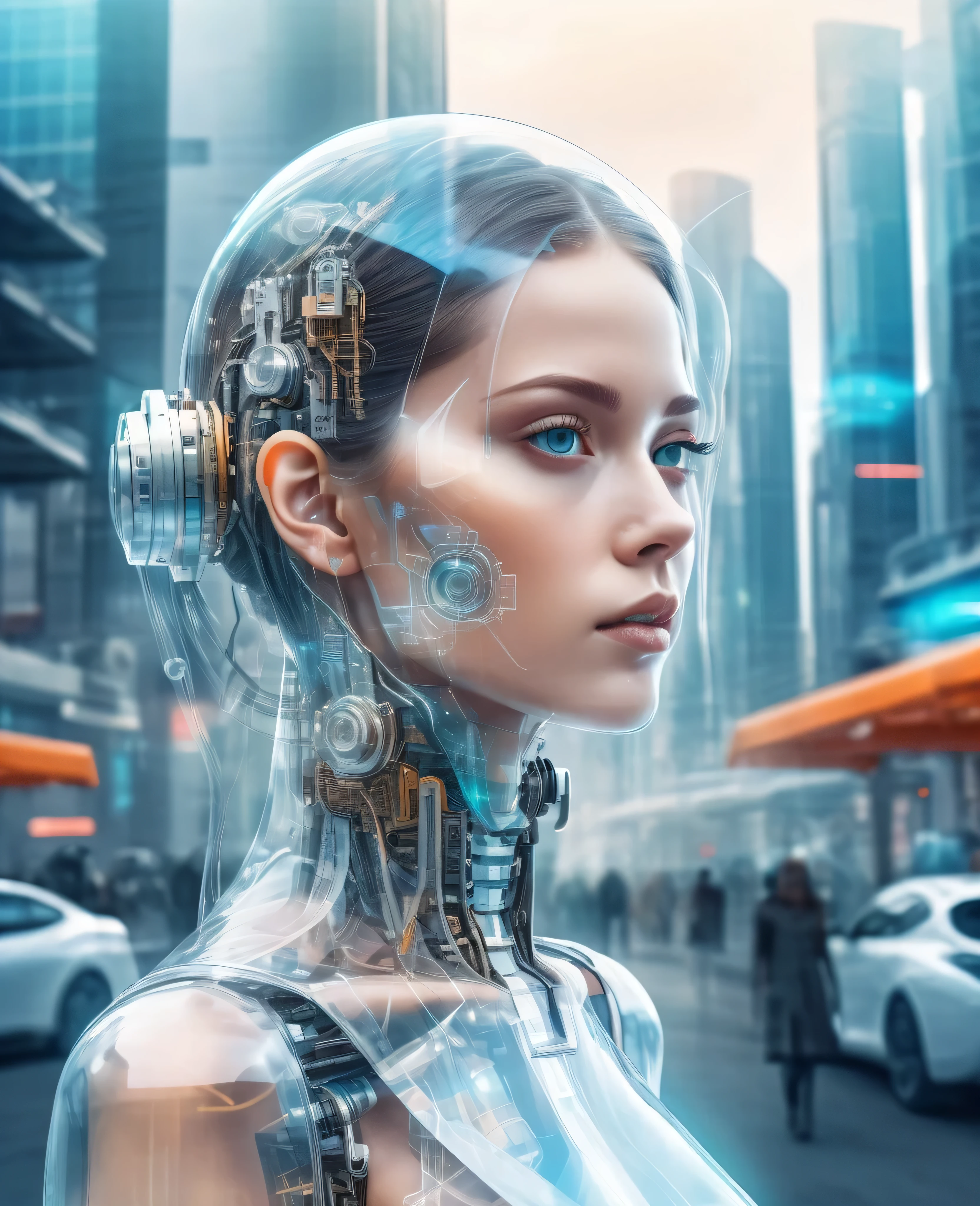 Mechanical Girl,Future city background,(Double contact:1.8),Intricate illustration in surreal art style,surreal dreamscape,Become a virtual hologram,Transparent people