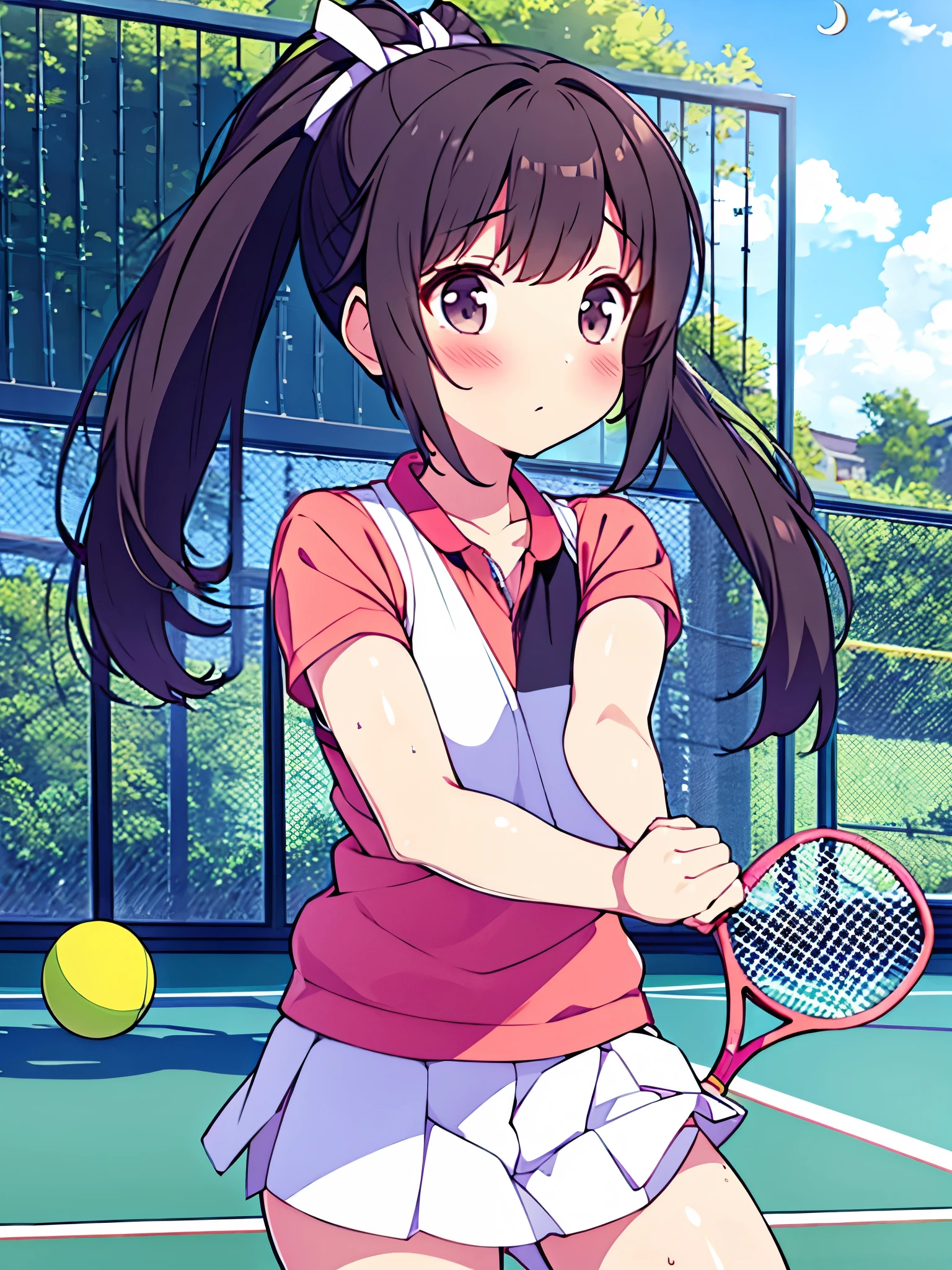 floating hair, light blush, during a match, ping-pong, sweat, half updo, indoors, crescent moon, folded ponytail, hit the ball back, Hold the racket and hit the ball back., tennis, outdoors, low twintails, project a wide area, tennis court, anime, anime style, 4K, textured skin, super detail, best quality, award winning