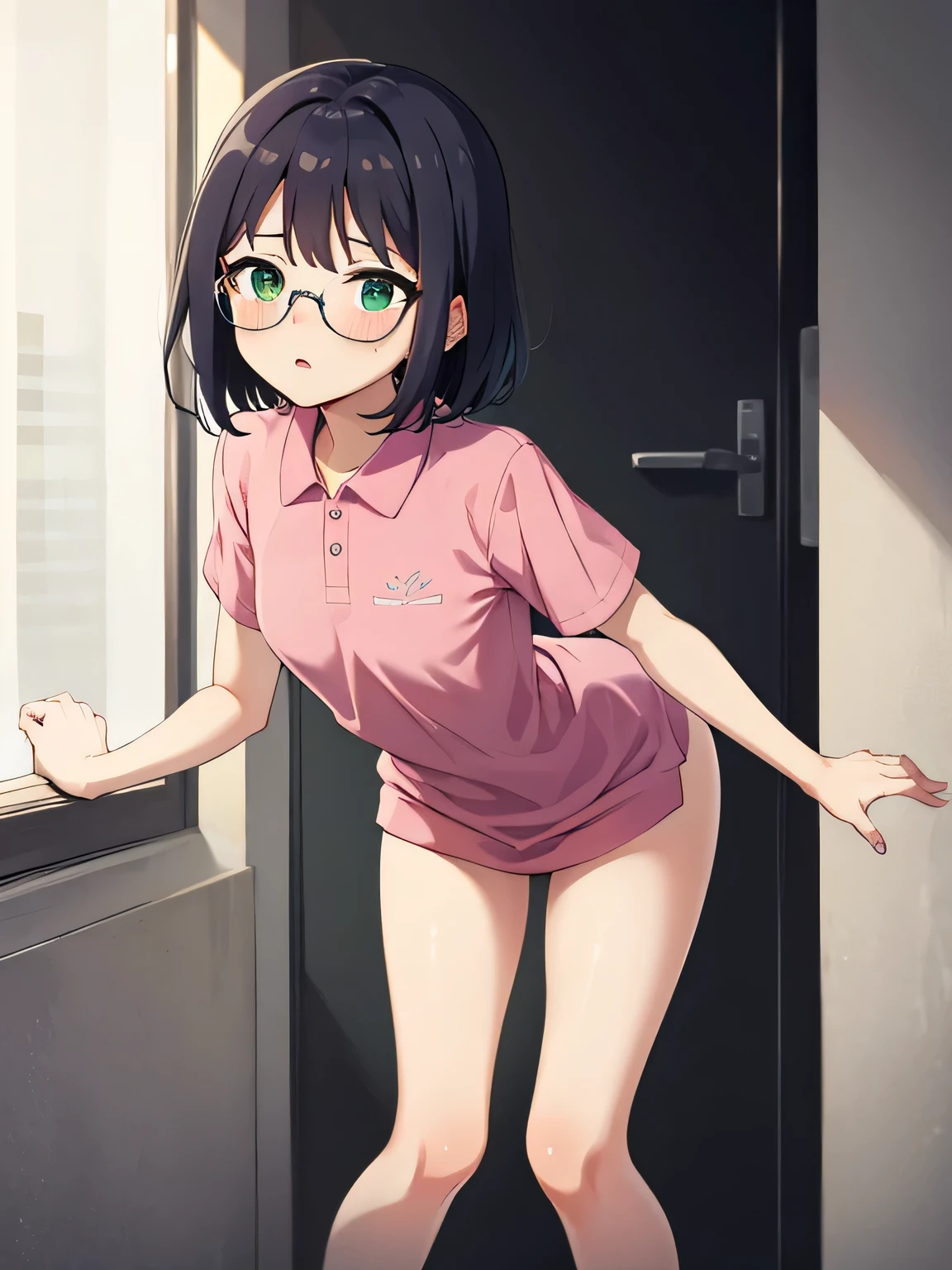 Glasses, leaning forward, standing, green eyes, wearing a hot pink polo shirt, Short sleeves Nude, Adult female, The exact number of fingers、 Exact number of legs、Exact number of arms、, Short hair Black hair, (blush:1), (Small breasts:1),highest quality, High resolution,Highly detailed face, Extremely detailed CG, (Perfect hands, Perfect Anatomy),Hospital Examination room Dynamic angle Open mouth Tongue sticking out Blush Feel Clothes getting rolled up