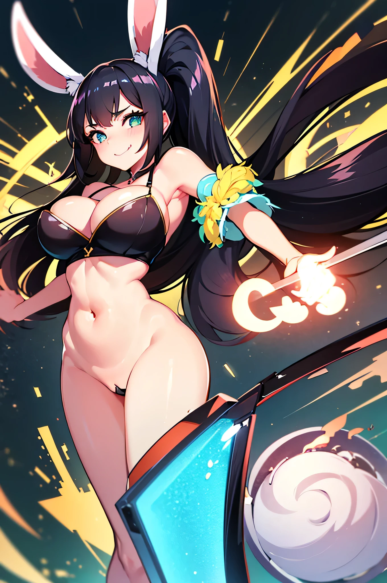 (Ultra High Quality) Young Adult woman, Long black hair, high ponytail, bunny ears, turquoise eyes, smile, Masterpiece, HI quality front of B cup breasts sticking out forward bare exposed  her breasts pirk and not too large just enough that it doesnt sag. She is laying on a bed with covers up to her femur