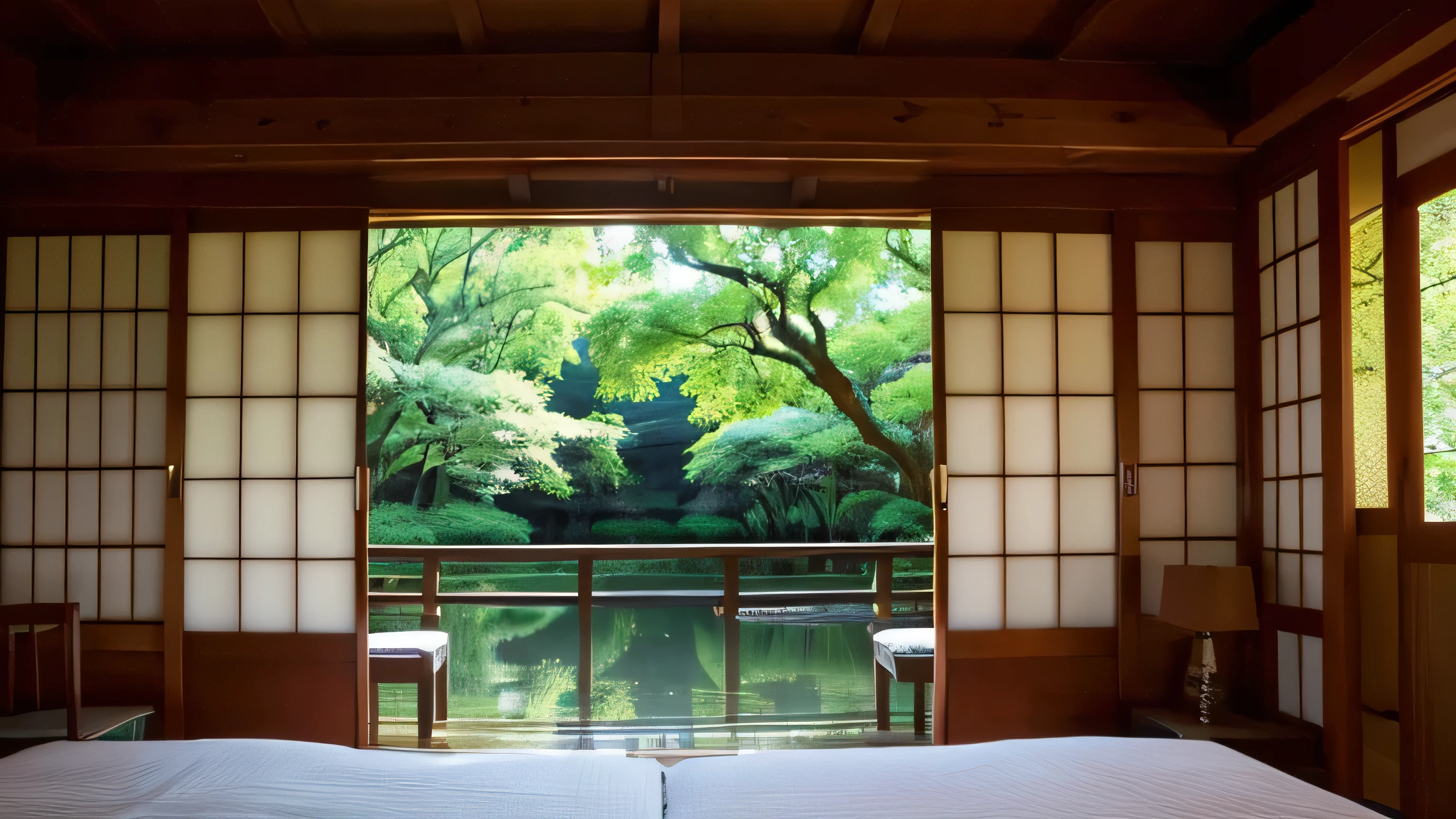 ((highest quality)), ((masterpiece)), (be familiar with), 4K, Near the stream, Japanese style room, There is a river outside, bed, Mysterious, stream