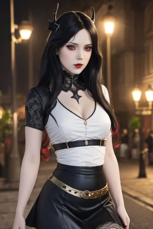 masterpiece, gothic aesthetic, dream atmosphere, ultra realistic, 16k, best quality, absurdres, perfect anatomy, 1girl, goth brunette, voluminous silky hair, goth makeup, bright red eyes (intense look), pale-white skin (highlighted), realistic shading, solo, Caera, red eyes, t-shirt, black mini skirt, tights (realistic textures), pretty seductive, upper body, beautiful girl, happy, lamp, outdoors, street, lamppost, blurred background, cinematic, Photorealistic.