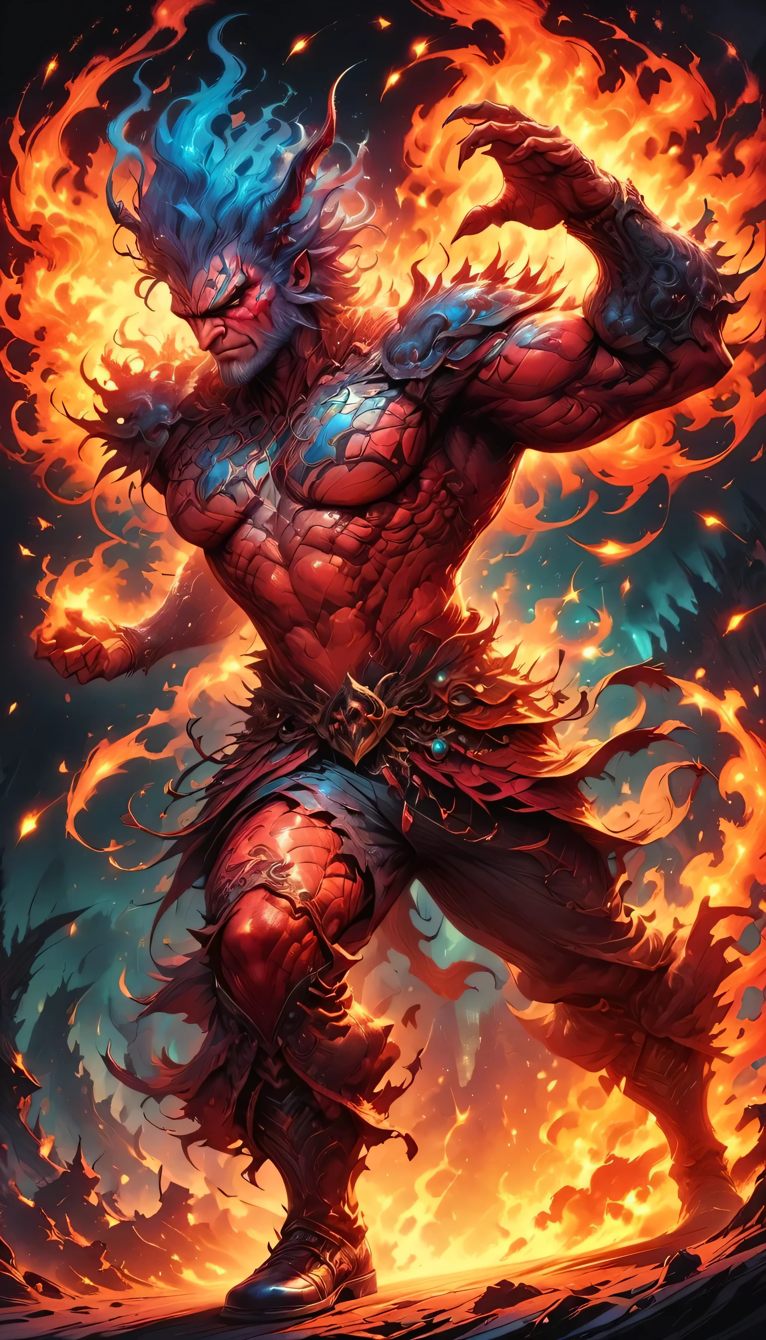 devil:male,whole body,Modern and mystical encounter, Vibrant colors, Intricate details. Very detailed, Dynamic pose, Complex motifs, Organic mesh pattern, Perfect composition, Digital Painting, Art Station, Concept Art, Smooth, Sharp focus, Carne Griffith, Pixar, Victor Shay, Jean Baptiste Monge, Shiny Aura, figure, 8k, highest quality, Awards, Anatomically correct, High resolution, Dark fantasy,Fire effect,Dynamic Pose,lava