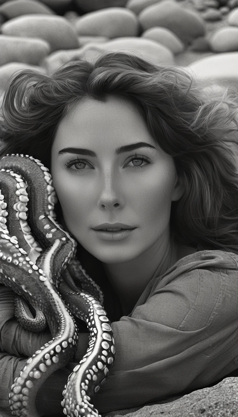 A black and white photo of a beautiful woman lying on rocks by the sea, with the tentacles of an octopus sensually wrapped around her body. The image evokes a sense of mystery and intimacy between the woman and the creature. The sun glistens off her wet skin and the octopus's smooth, glistening tentacles. The background is a blur of rocks and the ocean, with the focus solely on the woman and the octopus.