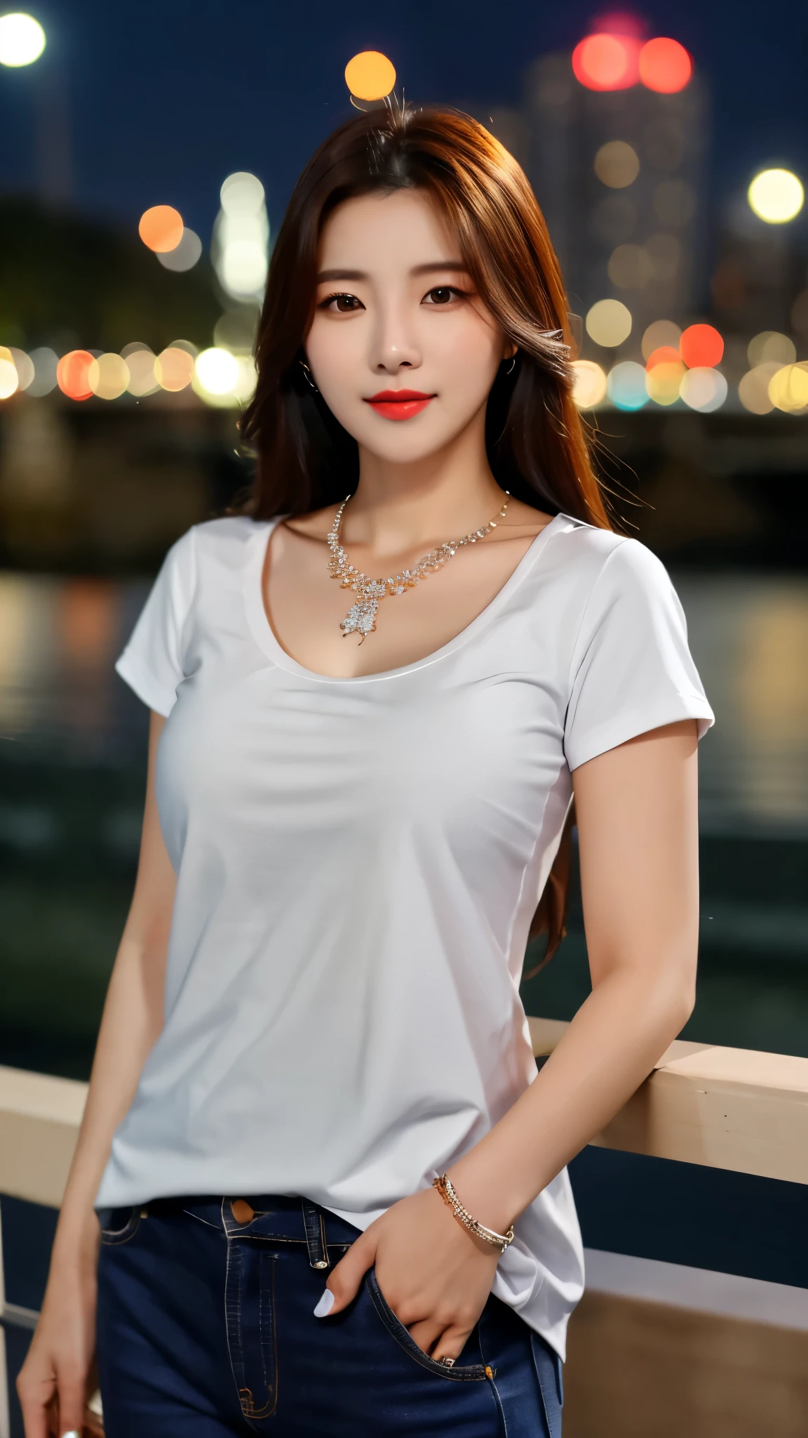 close-up of beautiful korean female, 34 inch breasts size, wearing rolled sleeves t-shirt, necklace, pants, at riverside, night, bokeh background, UHD