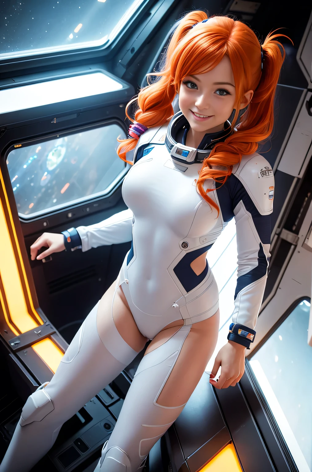 (overhead view) Cute redhead with rainbow colored hair tips, ribbons in her hair, 18-year-old woman, happy, smiling, in twin tails, perfect eyes, clear sparkling blue eyes, pale skin, silky smooth skin, flying a fancy metal luxurious space ship, futuristic cockpit, she's a pilot, dark outer space seen in windows, dark warm interior lighting, futuristic astronaut suit, anatomically correct, , thin, bare bottom, open legs, Best quality, high detailed, Masterpiece, Cinematic Lighting, 4K, wet and see-through.