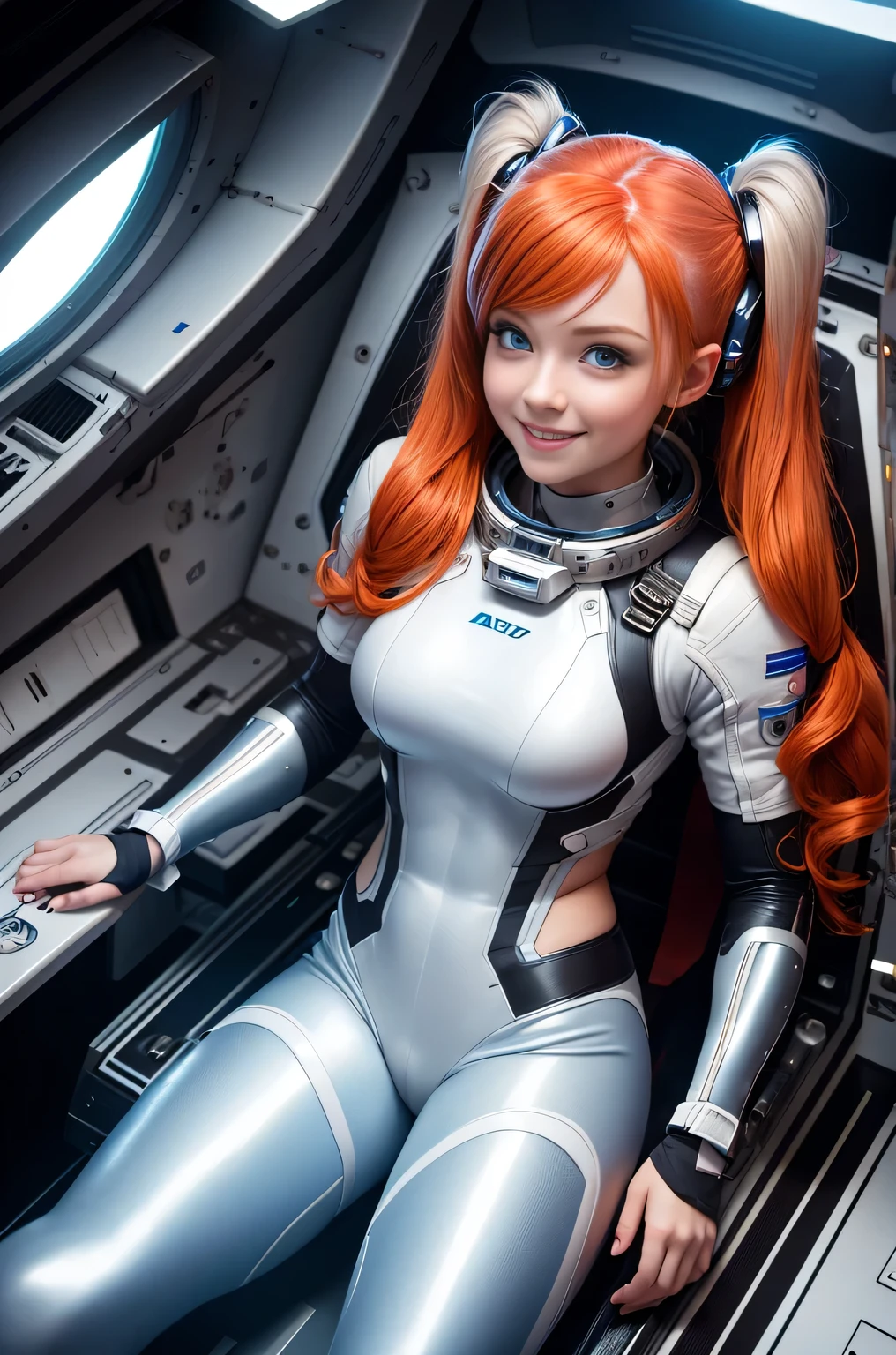 (overhead view) Cute redhead with rainbow colored hair tips, ribbons in her hair, 18-year-old woman, happy, smiling, in twin tails, perfect eyes, clear sparkling blue eyes, pale skin, silky smooth skin, flying a fancy metal luxurious space ship, futuristic cockpit, she's a pilot, dark outer space seen in windows, dark warm interior lighting, futuristic astronaut suit, anatomically correct, , thin, bare bottom, open legs, Best quality, high detailed, Masterpiece, Cinematic Lighting, 4K, wet and see-through.