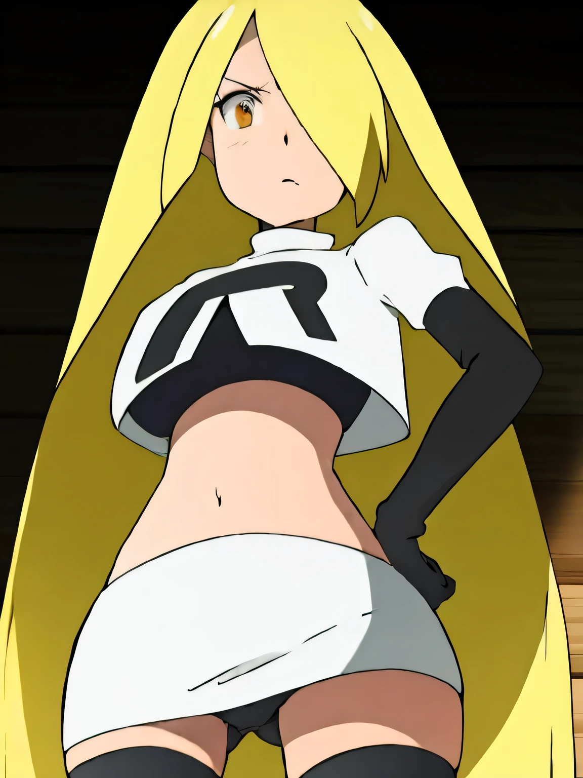 8k, masterpiece,highres,very large breast, team rocket uniform, red letter r, white skirt,white crop top,black thigh-high boots, black elbow gloves, glaring angrily, looking down at viewer, hands on hips, cowboy shot, zettai ryouiki,from below, black panties,anime style, vivid colors, sharp focus, intense lighting,pokemoncynthia, blonde hair, hair ornament, hair over one eye, long hair, (yellow eyes:1.5)