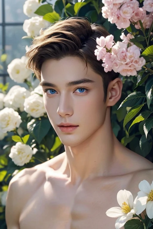 masterpiece, Best quality, realistic、Charming guy、Portrait of a handsome guy、1 guy, Blue eyes、Beautiful detailed eyes、sparkling eyes、flawless face、Perfect eyes,Perfect lips、flawless skin、Beautiful nose、beautiful mouth、short haircut, shaky soft blonde hair, brunette, short hair , flowers in hands , In the flower greenhouse, Portraiture、professional artwork、фотоrealistic、Elegant face、Flawless anatomy、shirtless. naked torso,ideal male body、male model ! Ultra realistic painting、fantastic male beauty !