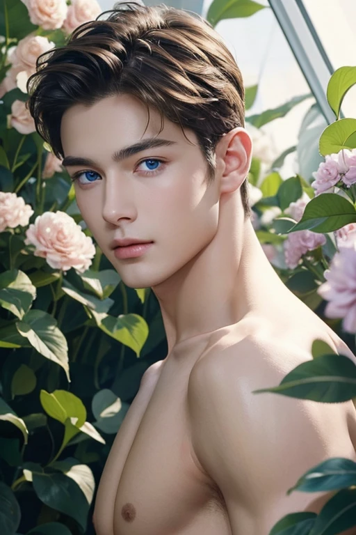 masterpiece, Best quality, realistic、Charming guy、Portrait of a handsome guy、1 guy, Blue eyes、Beautiful detailed eyes、sparkling eyes、flawless face、Perfect eyes,Perfect lips、flawless skin、Beautiful nose、beautiful mouth、short haircut, shaky soft blonde hair, brunette, short hair , flowers in hands , In the flower greenhouse, Portraiture、professional artwork、фотоrealistic、Elegant face、Flawless anatomy、shirtless. naked torso,ideal male body、male model ! Ultra realistic painting、fantastic male beauty !