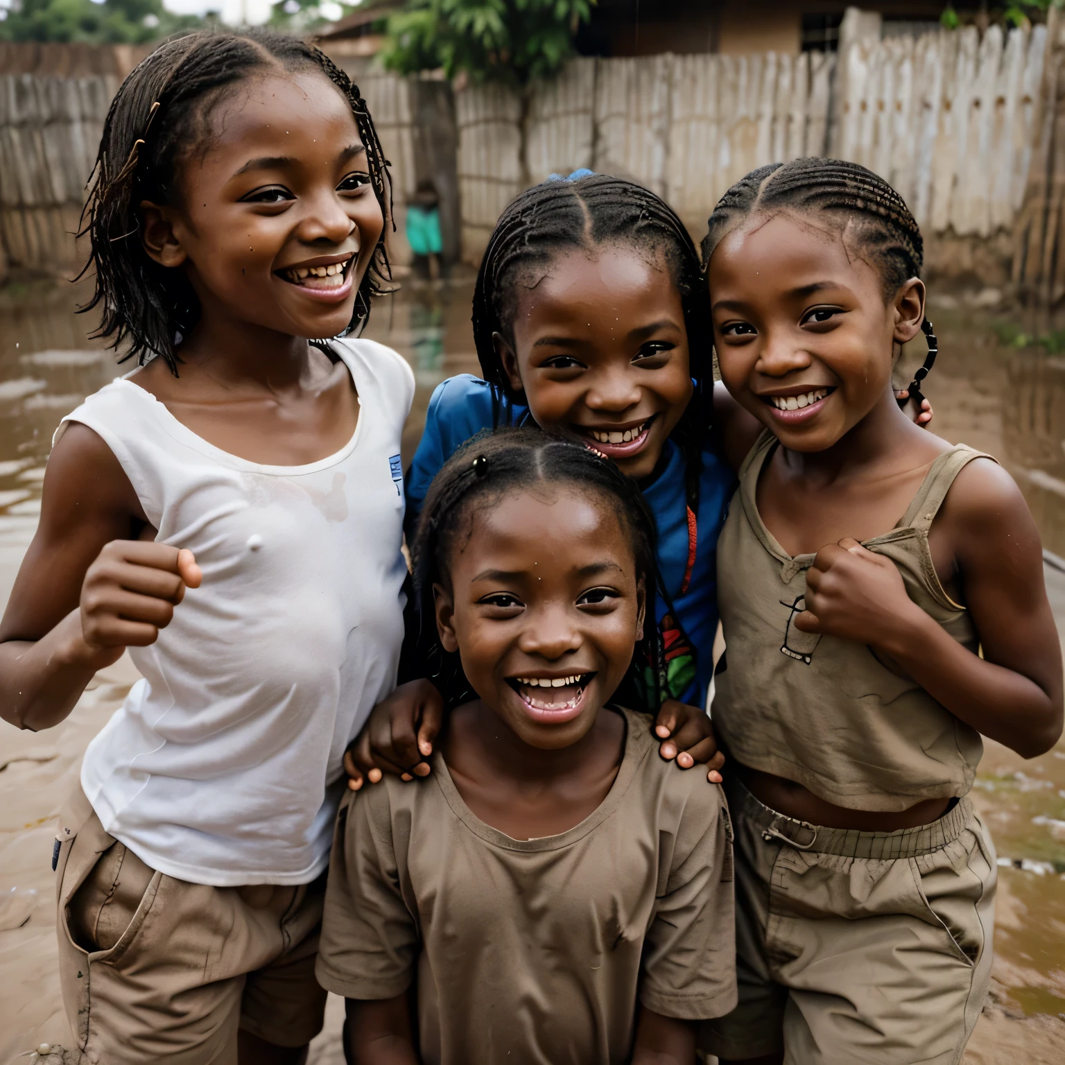 Children in Africa laughing because of the rain