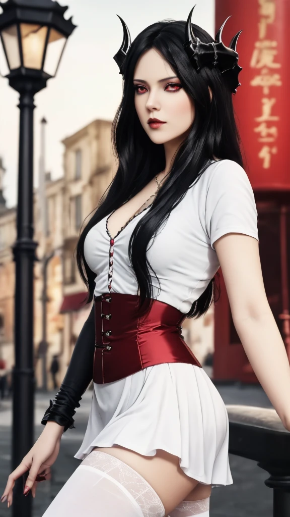 masterpiece, gothic aesthetic, dream atmosphere, ultra realistic, 16k, best quality, absurdres, perfect anatomy, 1girl, goth brunette, voluminous silky hair, goth makeup, bright red eyes (intense look), pale-white skin (highlighted), realistic shading, solo, Caera, red eyes, t-shirt, black mini skirt, tights (realistic textures), pretty seductive, upper body, beautiful girl, happy, lamp, outdoors, street, lamppost, blurred background, cinematic, Photorealistic.