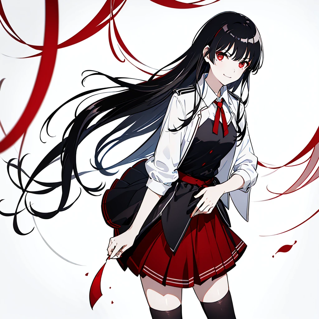 best quality, masterpiece, 1girl, elegant, medium black hair, red eyes, thighhig, black uniform, red tartan skirt, plain background, subtle smile, smirk, soft lighting, medium breasts, monochrome 
