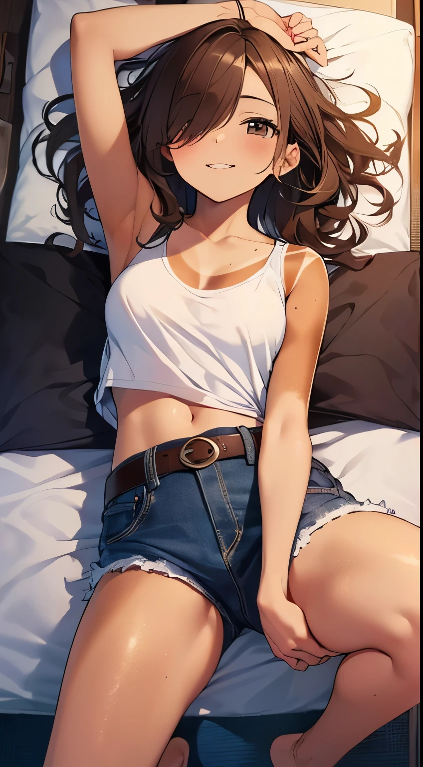 highest quality、Elementary school student bra、Beige shorts、Cute appearance、Stretch your legs in the room、Armpit sweat、Grass、Ecstasy face,(Attractive person), (girl1name), (Highly detailed face, smile) ,, (日本のgirl), Slightly round face, (Tan brown face:1.6), cute, Big eyes、2D,highest quality,(masterpiece),(((whole bodyが映る))),(((whole body))),(wavy-medium hair:1.6),(hair over one eye:1.3),((Chestnut brown hair)),Healthy brown skin,((Denim hot pants)),Leather Belt,Pink Tank Top,Shining bare feet,barefoot,Beautiful brown eyes,Attractive thighs,Sloppy body type,Bedroom,get drunk,Upward glance,cheeks are bright red,あざとcute,Sleeping face like an angel,Erotic look,whole bodyに汗の大きな滴,humid,Waistline、My Room、(Sleeping on your stomach:1.1),(Angle shot from directly above:1.2),Poses that accentuate the buttocks,Angle to emphasize the buttocks,Sole