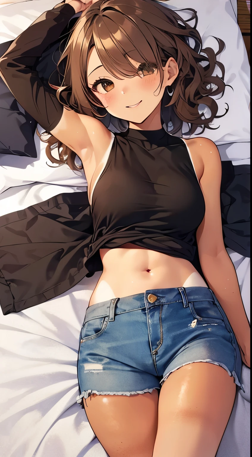 highest quality、Elementary school student bra、Beige shorts、Cute appearance、Stretch your legs in the room、Armpit sweat、Grass、Ecstasy face,(Attractive person)， (girl１name)， (Highly detailed face, smile) ,, (日本のgirl), Slightly round face, (Tan brown face:1.6), cute, Big eyes、2D，highest quality，(masterpiece)，(((whole bodyが映る)))，(((whole body)))，(wavy-medium hair:1.6)，(hair over one eye:1.3),((Chestnut brown hair))，Healthy brown skin，((Denim hot pants))，Leather Belt，Pink Tank Top，Shining bare feet，barefoot，Beautiful brown eyes，Attractive thighs，Sloppy body type，Bedroom，get drunk，Upward glance，cheeks are bright red，あざとcute，Sleeping face like an angel，Erotic look，whole bodyに汗の大きな滴，humid，Waistline、My Room、（Sleeping on your stomach:1.1），(Angle shot from directly above:1.2)，Poses that accentuate the buttocks，Angle to emphasize the buttocks，Sole