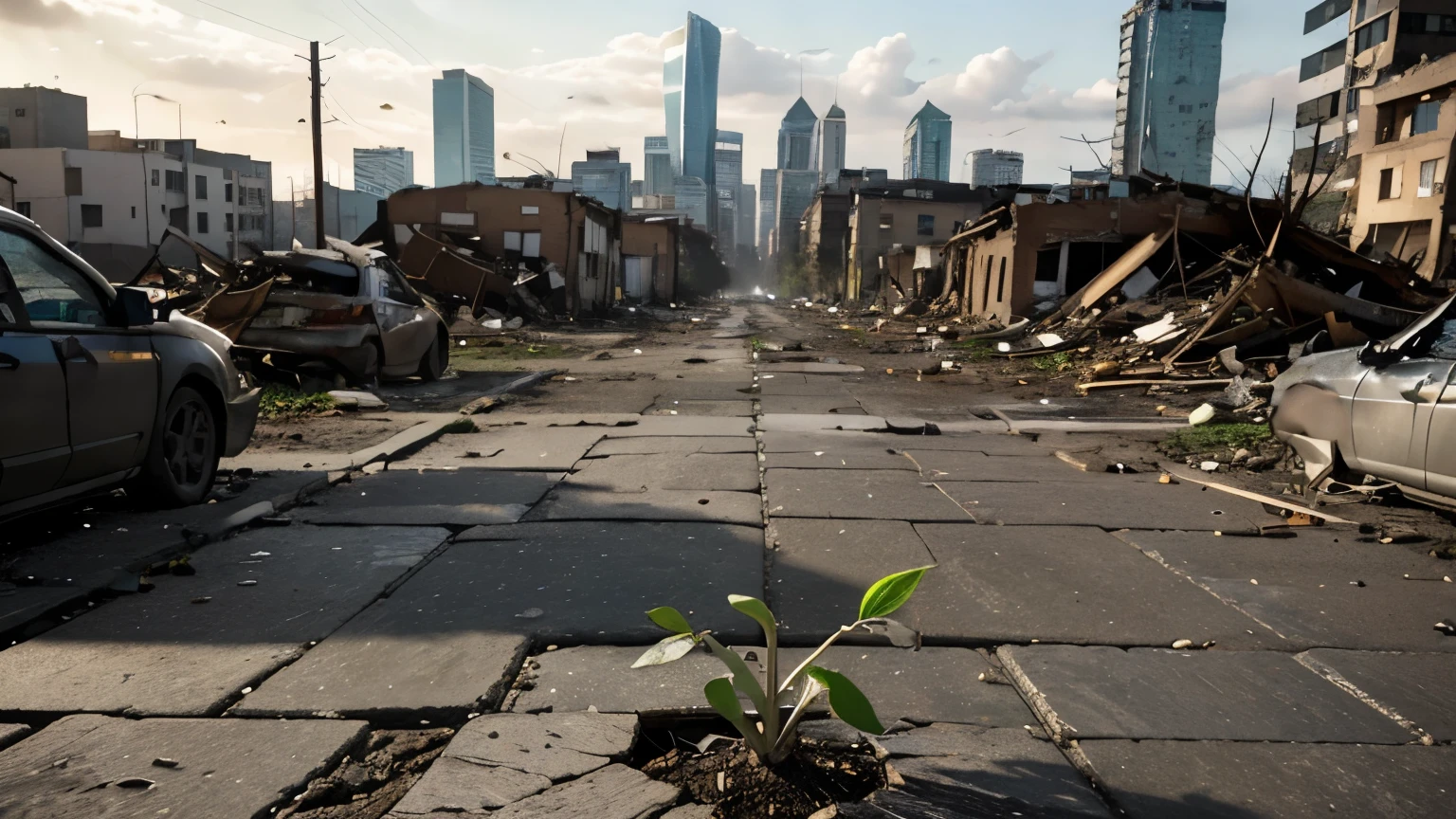 In the wake of destruction, new life begins to emerge from the ashes. Sprouts push their way through the cracked pavement, their tender shoots a testament to the resilience of nature. It is a reminder that even in the face of adversity, life finds a way to flourish. The city skyline is seen in the background. Slums are seen in the foreground.