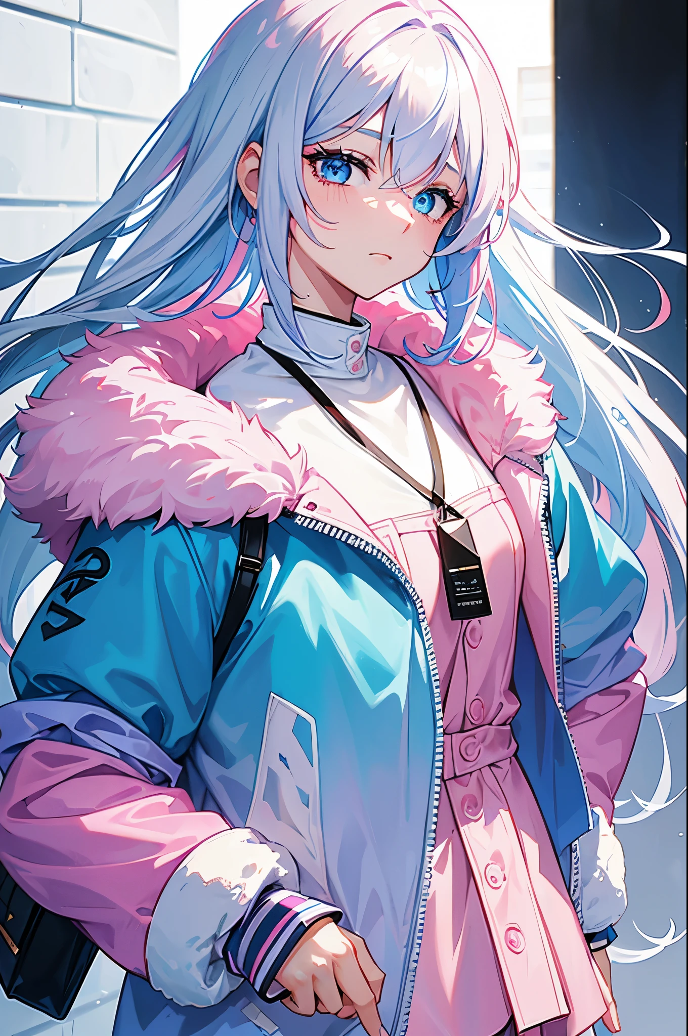 one male, white hair with blue and pink hair accent, 170cm tall, blue eyes, pink eye pupil, white casual clothes, pink jacket, blue jeans, Full HD
