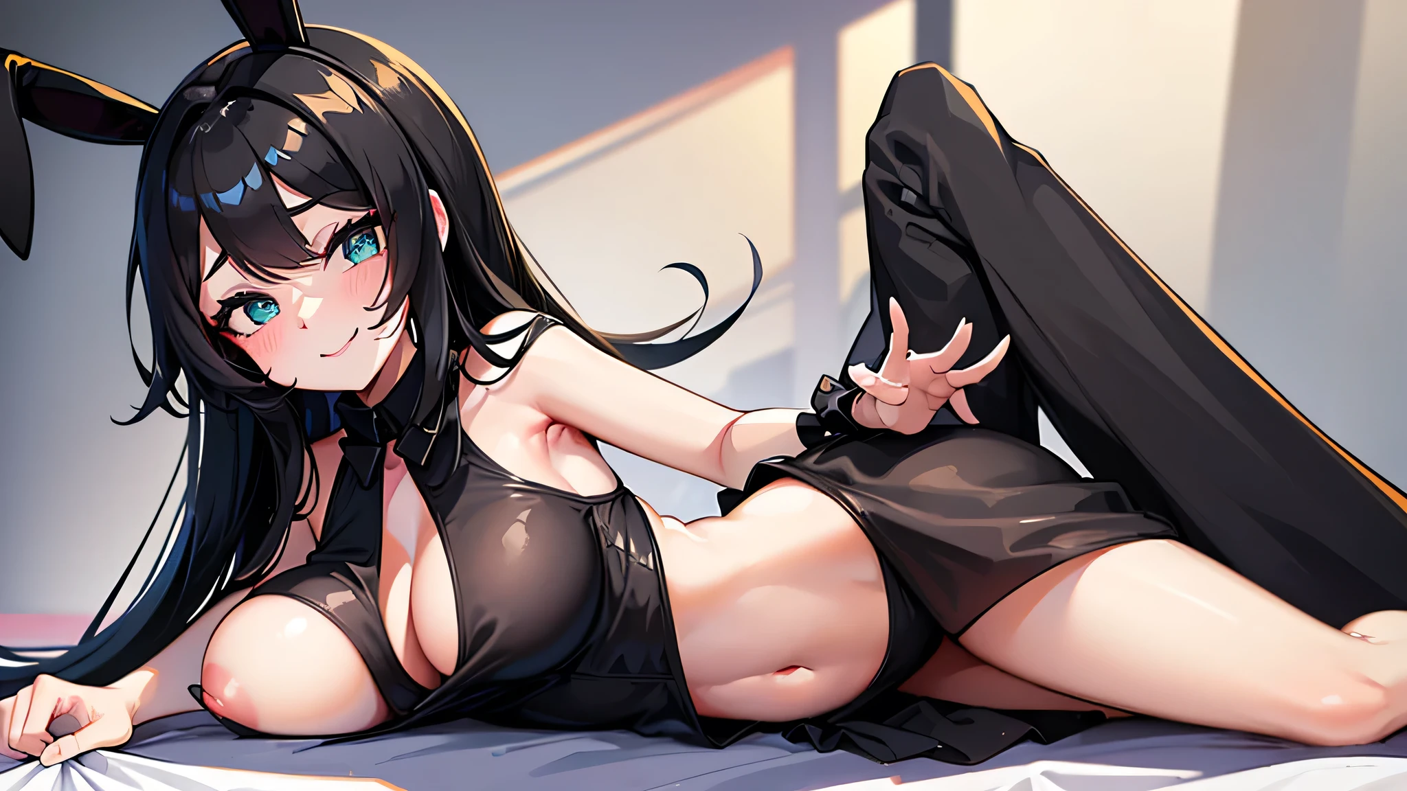 (Ultra High Quality) Young Adult woman, Long black hair, high ponytail, bunny ears, turquoise eyes, smile, Masterpiece, HI quality front of B cup breasts sticking out forward bare exposed her breasts pirk and not too large just enough that it doesnt sag. She is laying on a bed with covers up to her femur. clothing seethrough