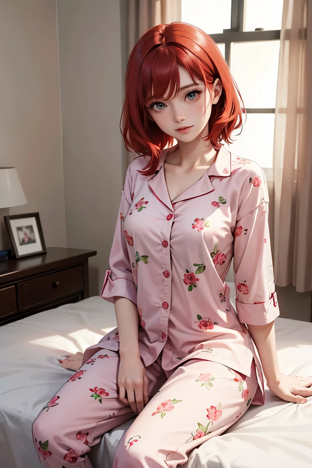 A woman in pink floral pajamas is sitting on her bed, Redheadの少女, beautiful Redheadの女性, Redheadの女性, young Redheadの少女, Short bright red hair, Red hair and attractive features, Anna Nikonova、Also known as New Milky, Redheadの少女, Redhead, Beautiful woman, Posing in bed, Redhead, Short Red Hair, Posing in the room