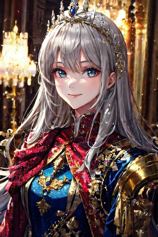 Gray Hair, Bright Blue Eyes, Woman in white dress, smile, Detailed face, high quality, Royalty, Royal princess, Elegant and pure
