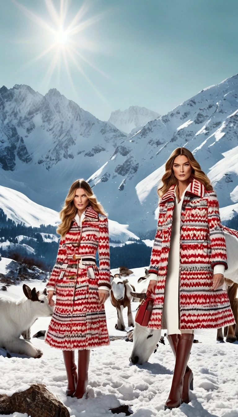 winter 2014/15 Dolce & Gabbana winter collection shot in winter sunshine with snowy mountains as a backdrop, in the style of 1970s, peppermint, terry o'neill, monumental ensembles, matte photo, long lens, wide lens, RAW photo

