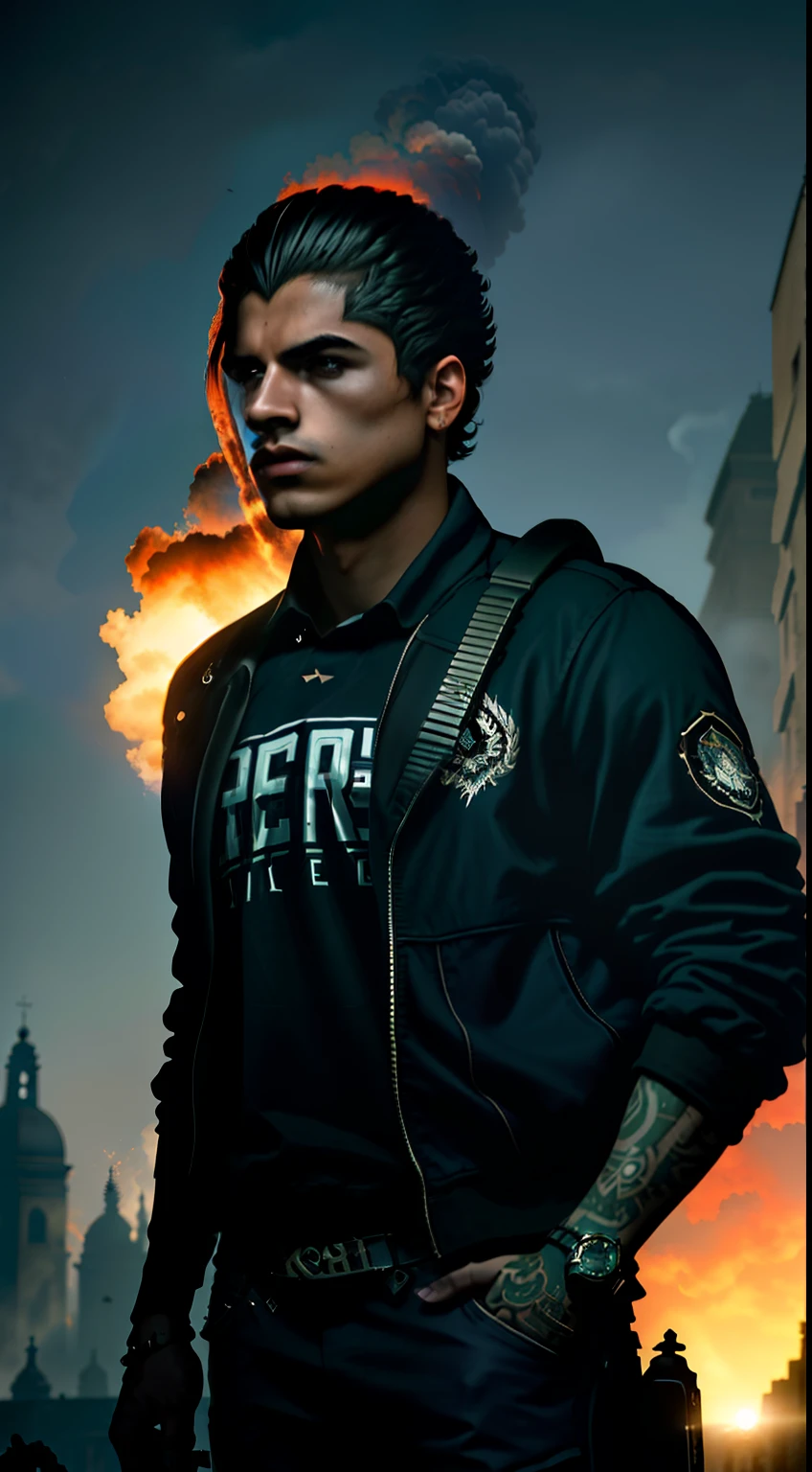 Imagem de um jovem, Obra-prima, (ultra detalhado), Gangster theme, Gabardina, Luzes fracas, smoke billowing, Sombra, Paisagem urbana corrompida, max quality, sole focus, (skimming: 1.1), Homem musculoso, Unreal Engine Intrincado (Detalhe Alto: 1.1).