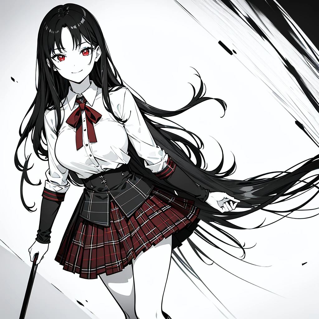 best quality, masterpiece, 1girl, elegant, medium black hair, red eyes, thighhig, black uniform, red tartan skirt, plain background, subtle smile, smirk, soft lighting, medium breasts, monochrome 