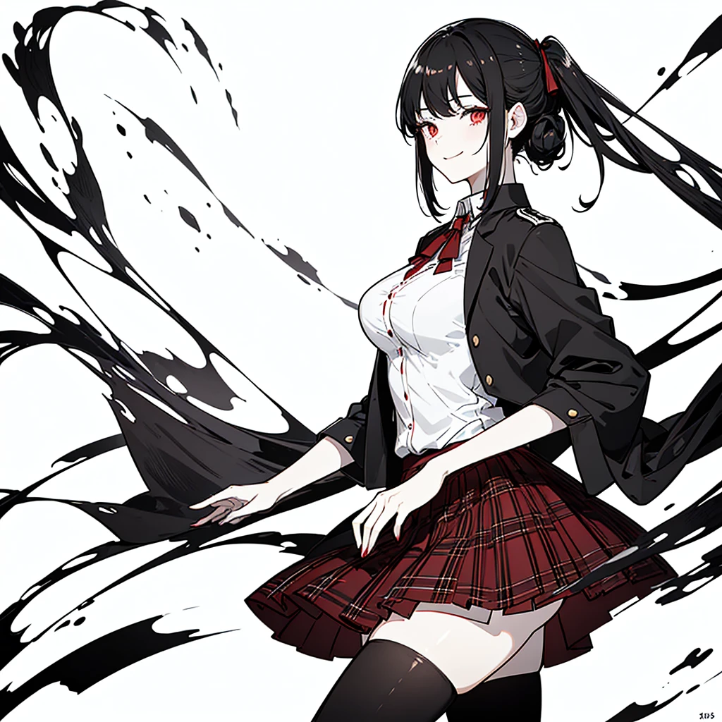 best quality, masterpiece, 1girl, elegant, medium black hair, red eyes, thighhig, black uniform, red tartan skirt, plain background, subtle smile, smirk, soft lighting, medium breasts, monochrome
