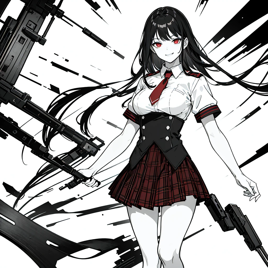 best quality, masterpiece, 1girl, elegant, medium black hair, red eyes, thighhig, black uniform, red tartan skirt, plain background, subtle smile, smirk, soft lighting, medium breasts, monochrome 