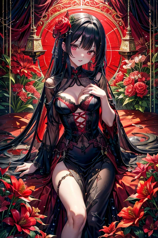 raffed woman in lingerie posing on a bed with a red rose, lingerie, very sexy devil outfit, Red and Black costume!!!, wearing sexy lingerie, laced lingerie, Black and Red, attractive, Fantasy Costume, Black and Red silk clothing, Black and Red only, lingerie!!, silk, Teasing, Red and Black, sexy, sexy :8, tumbler、Surreal Waigi Flowers, Soft Light Misty, Magic Flower, A flower with very long petals, Glowing Flower, Alien Flower, Beautiful images, Shiny delicate flowers, Stunningly beautiful,Higanbana、Amaryllis、a close up of a field of Red flower in a forest, Red flowerが咲く, Light but dark red, A glimpse of red, Red flower, Very red color, Red Forest, bright red, bright red colors, Red flower of different types, bright red and green colours, In the world of red dreams, Red magic surrounds her, Red Iris、 Japanese House, Amazing light reflection, Traditional Japanese colors, Gorgeous composition, Magical colors and atmosphere, Black Hairの、Black Hair、Black Hairの姫カット、Black Hairのロング、hair ornaments、hairpin、Decorate your hair with flowers、Decorate your hair with flowersびら、The most beautiful woman、wonderful、Stylish、Exquisite style、dual、Iris、Seductive eyes、Strand、Strand間