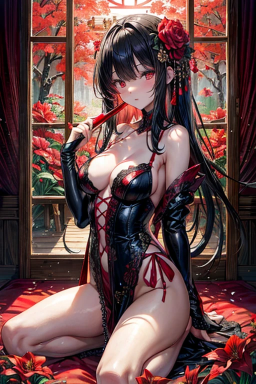 raffed woman in lingerie posing on a bed with a red rose, lingerie, very sexy devil outfit, Red and Black costume!!!, wearing sexy lingerie, laced lingerie, Black and Red, attractive, Fantasy Costume, Black and Red silk clothing, Black and Red only, lingerie!!, silk, Teasing, Red and Black, sexy, sexy :8, tumbler、Surreal Waigi Flowers, Soft Light Misty, Magic Flower, A flower with very long petals, Glowing Flower, Alien Flower, Beautiful images, Shiny delicate flowers, Stunningly beautiful,Higanbana、Amaryllis、a close up of a field of Red flower in a forest, Red flowerが咲く, Light but dark red, A glimpse of red, Red flower, Very red color, Red Forest, bright red, bright red colors, Red flower of different types, bright red and green colours, In the world of red dreams, Red magic surrounds her, Red Iris、 Japanese House, Amazing light reflection, Traditional Japanese colors, Gorgeous composition, Magical colors and atmosphere, Black Hairの、Black Hair、Black Hairの姫カット、Black Hairのロング、hair ornaments、hairpin、Decorate your hair with flowers、Decorate your hair with flowersびら、The most beautiful woman、wonderful、Stylish、Exquisite style、dual、Iris、Seductive eyes、Strand、Strand間