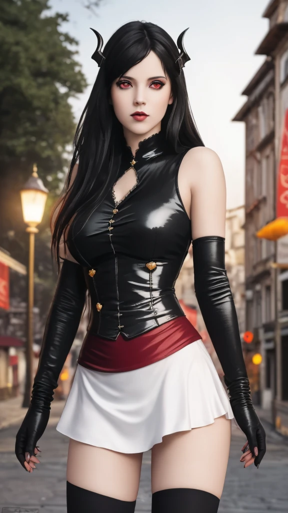 masterpiece, gothic aesthetic, dream atmosphere, ultra realistic, 16k, best quality, absurdres, perfect anatomy, 1girl, goth brunette, voluminous silky hair, goth makeup, bright red eyes (intense look), pale-white skin (highlighted), realistic shading, solo, Caera, red eyes, t-shirt, black mini skirt, tights (realistic textures), pretty seductive, upper body, beautiful girl, happy, lamp, outdoors, street, lamppost, blurred background, cinematic, Photorealistic.