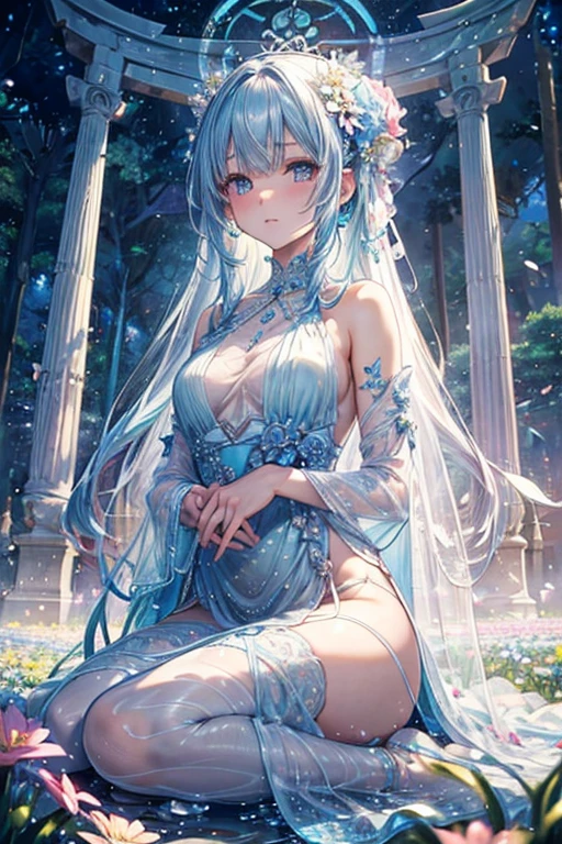 Woman in see-through white dress sitting in flower field, Ethereal and dreamy, Ethereal beauty, a stunning young Ethereal figure, dreamy and Ethereal, white hime cut hairstyle, Ethereal!!!!!!!, Ethereal fairytale, Beautiful maiden, pale snow-white skin, Ethereal!!!, by Torii Kiyomoto, fairycore, very Ethereal, extremely beautiful and Ethereal、there is a bouquet of Flowers that is sitting on a chair, colourfull Flowers bouquet, bouquets, ❤🔥🍄🌪, bouquet, colorful Flowers, Bright and soft colors, colorful pastel, Bright pastel colors, Bright pastel colors, in pastel colors, colourfull pastel, beautiful Flowers, beautiful colourfull, Flowers!!!!, colourfull, In beautiful colors, 🌸 🌼 💮、Woman in blue dress standing on wall, translucent  dress, transparent gray dress, sexy gown, with a thin waist, long gown, long-one-piece dress female, Full length view, fantasy dress, low cut dress, opened dress, wearing long gown, see through dress, fantasy long intricate gown, long-one-piece dress, gown, wearing an evening gown, femme, gorgeous woman