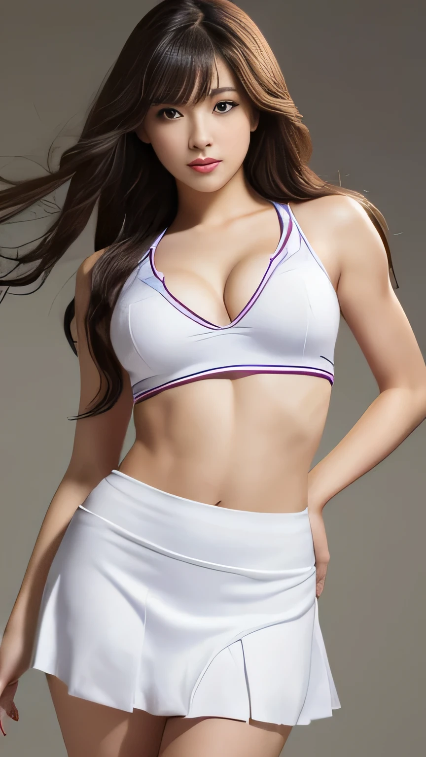 highest quality, masterpiece, Ultra-high resolution, (Realistic:1.4), RAW Photos, 32K Portrait, Very detailed, Cowboy Shot, Dynamic pose,
One girl, , mini skirt、The most famous Japanese idol、Japan's most popular cheerleader, Wearing only a white sleeveless cheerleader uniform, An innocent smile, View your viewers, Upturned buttocks,
Very cute face, Stunningly beautiful big black eyes, Very beautiful hair, Very beautiful lips, Very beautiful skin, Very beautiful breasts, Very beautiful body, Very beautiful arms, Five perfect fingers, Very beautiful buttocks, Very beautiful thighs,
Detailed face, Fine grain, Detailed Hair, Detailed lips, Detailed Skin, Detailed body, Detailed Weapons, Detailed five fingers, Detailed white sleeveless cheerleader uniform, Detailed hips, Thigh details