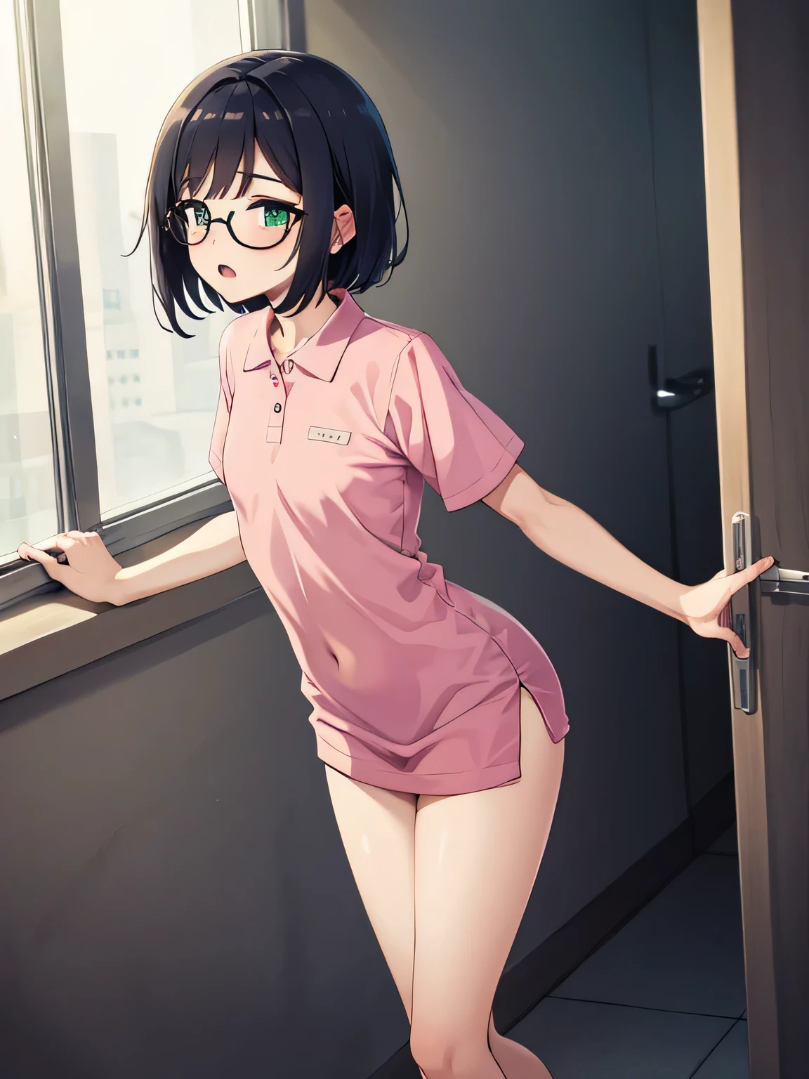 Wearing glasses, standing, green eyes, wearing a hot pink polo shirt, Short sleeves Nude, Adult female, The exact number of fingers、 Exact number of legs、Exact number of arms、, Short hair Black hair, (blush:1), (Small breasts:1),highest quality, High resolution,Highly detailed face, Extremely detailed CG, (Perfect hands, Perfect Anatomy),Hospital examination room dynamic angle mouth open clothes rolled up