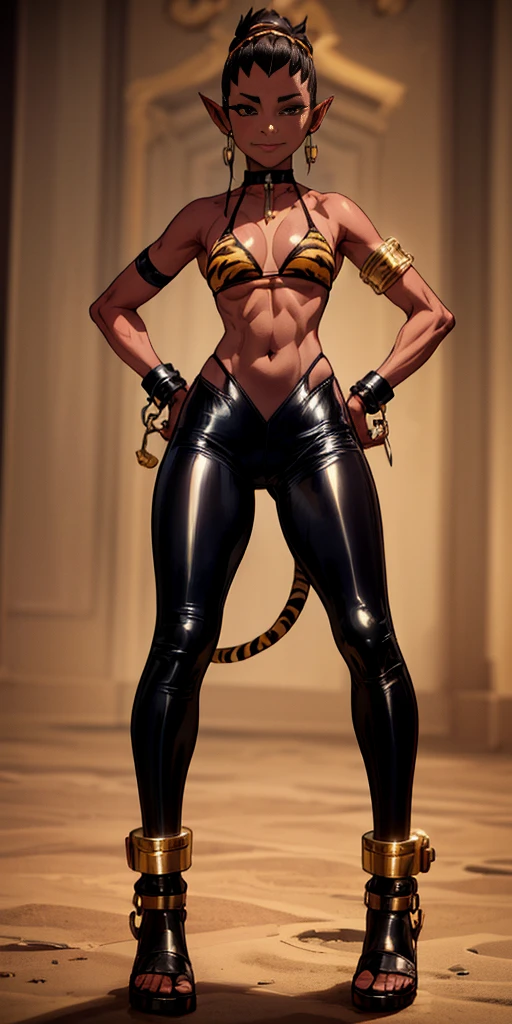 (plain background, masterpiece, best quality, ultra-detailed, best shadow, best rendering: 1.2) (1girl) (8k) (photorealistic:1.4) best quality, ultra high res, highly detailed eyes, cleavage cutout, female white long hair in yellow bikini with tiger stripes on it, tiger sleeves, tiger stockings, abs, full body, tanned skin, high heels, tiger tail, slave collar on neck, elf female, tattered clothes, shackles on arms and legs, red navel tattoo, abs, stomach exposed, standing straight symmetrical looking to the viewer, view from below, wide hips