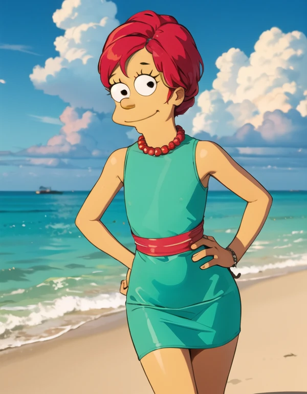 1girl, yellow skin, skinny body, small breasts, wide hips, voluminous blue hair, red beaded necklace, hands on hips, standing confidently, Marge Simpson, ocean, palms, sand, sun, clouds, smiling, red sandals, looking at viewer, solo, blue hair, standing, vector colors, close up, (green sleeveless dress:1.3), back view, panties lines